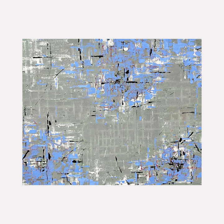 The artwork 'Gift of Blue' by Shira Toren features an abstract composition with scattered patches of serene blue tones against a textured gray background. The Venetian plaster technique creates a layered, weathered effect, with black linear elements interspersed throughout the 24x30 inch canvas, suggesting a contemporary urban landscape.