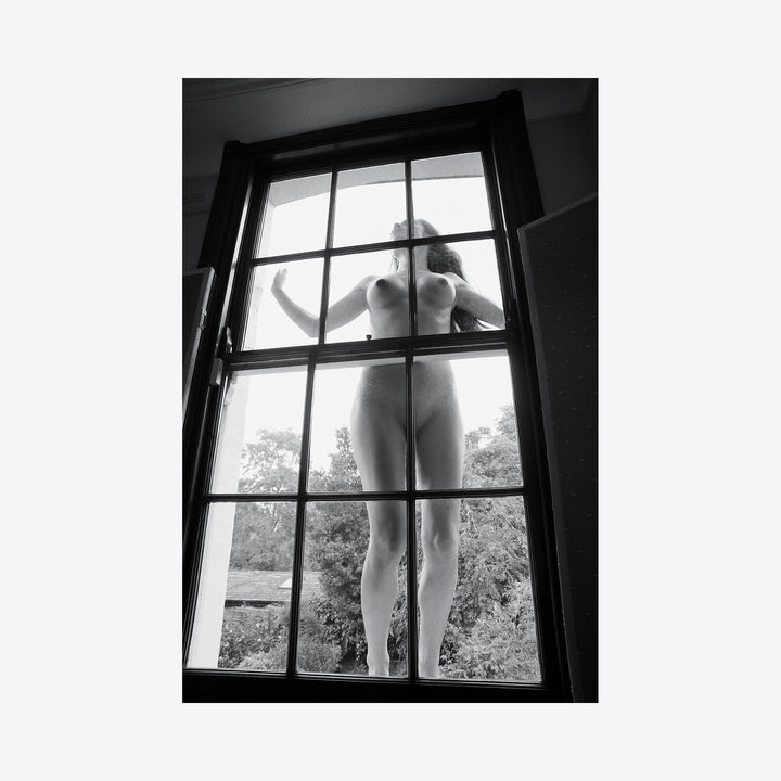 The artwork 'Girl in the Wonderland' is a dramatic black and white archival pigment print featuring a silhouette through a traditional paned window. The composition emphasizes geometric lines of the window frame against soft natural light, creating a dreamy, ethereal atmosphere. By Mari Sarai.