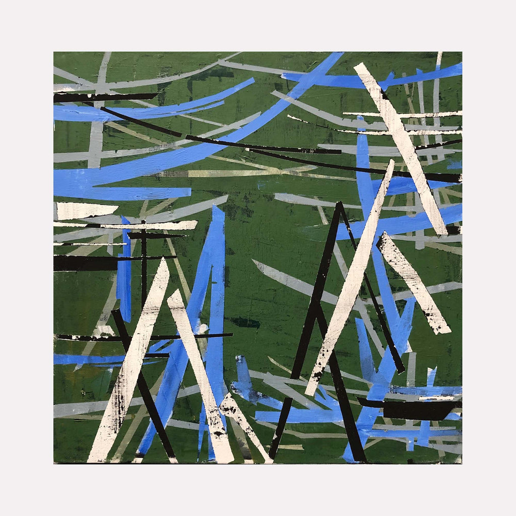 The artwork 'Green Energy' by Shira Toren features an abstract composition of intersecting lines in white, blue, and gray against a deep green background. The dynamic pattern suggests movement through layered Venetian plaster strokes, creating a sense of depth and energy. The textured 24x24 inch canvas showcases a modern, geometric style with contrasting elements in motion. By Shira Toren.