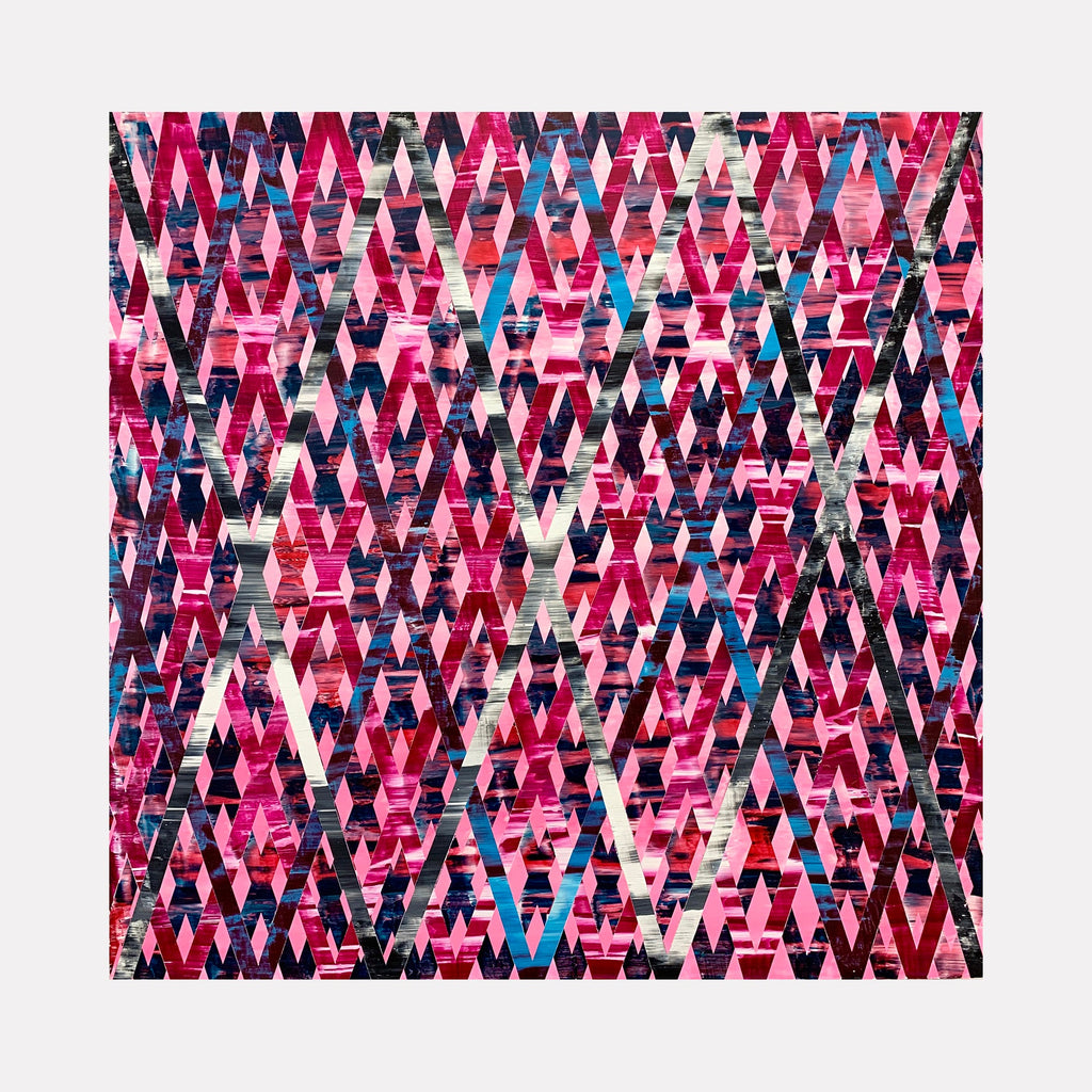 The artwork 'Grouped' by Elyce Abrams features a dynamic pattern of zigzagging lines creating a vibrant geometric composition in pink, navy blue, and white. The acrylic painting on panel showcases an intricate lattice-like pattern with overlapping angular shapes, creating a sense of movement and depth across the 24x24 inch surface.