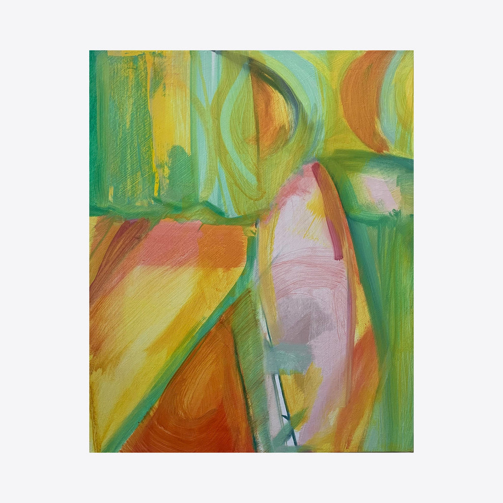 The artwork 'Half Moons' by Taiss Ghuliani features vibrant abstract brushstrokes in oil on canvas, with sweeping curves in yellow, green, and coral pink tones. Bold gestural movements create dynamic semicircular shapes, with layered paint textures revealing energetic brushwork and fluid compositional movement across the 20x16 inch surface. By Taiss Ghuliani.