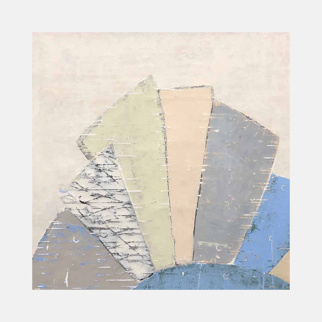 The artwork 'Hand Fan' by Shira Toren features a geometric fan-shaped composition in soft pastels, created with Venetian plaster on canvas. The fan unfolds in triangular segments of pale peach, sage green, marbled white, and steel blue, set against a creamy background, showcasing a modern abstract interpretation with textural elements and subtle color transitions.