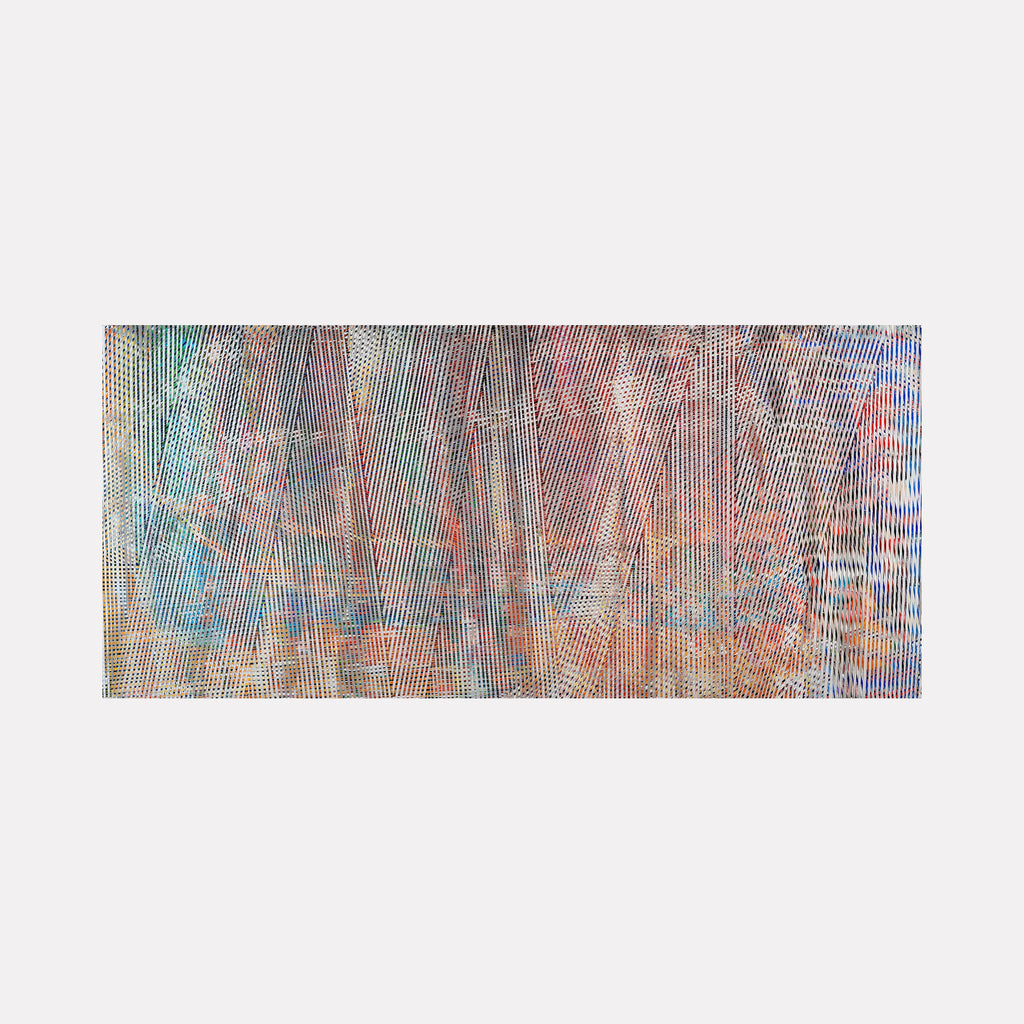 The artwork 'Hide' by Elyce Abrams features an intricate pattern of intersecting diagonal lines creating a mesh-like texture in acrylic on panel. The composition blends soft blues, coral pinks, and metallic undertones with subtle color transitions. The geometric abstraction showcases a dynamic interplay of light and shadow across the 48x22 inch surface.