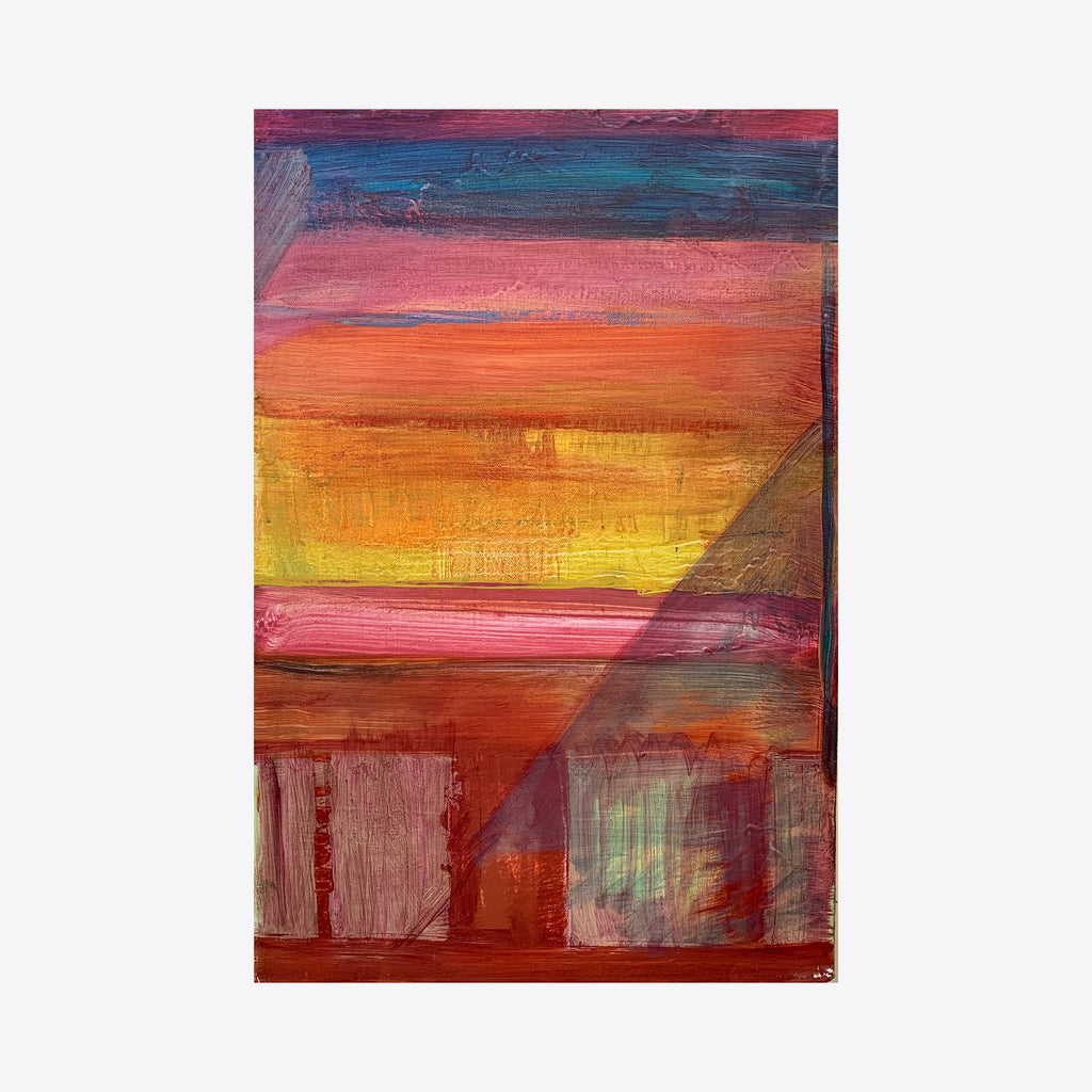 The artwork 'Horizons 1' by Taiss Ghuliani features vibrant horizontal bands of color transitioning from deep blue to pink, orange, and yellow, reminiscent of a dramatic sunset. The lower portion showcases textured burgundy reds with geometric angular shapes, created through acrylic and oil techniques on canvas, measuring 18x12 inches. By Taiss Ghuliani.