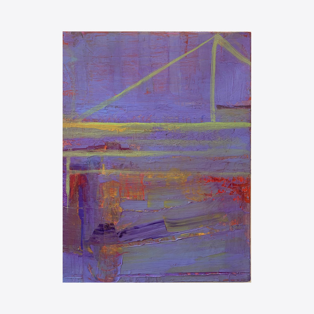 The artwork 'Horizons 2' by Taiss Ghuliani features abstract geometric lines in lime green intersecting across a rich purple background, with textured brushstrokes creating layers of mauve, coral, and gray. Oil painting with bold horizontal strokes and subtle color transitions, creating depth and movement across the canvas.