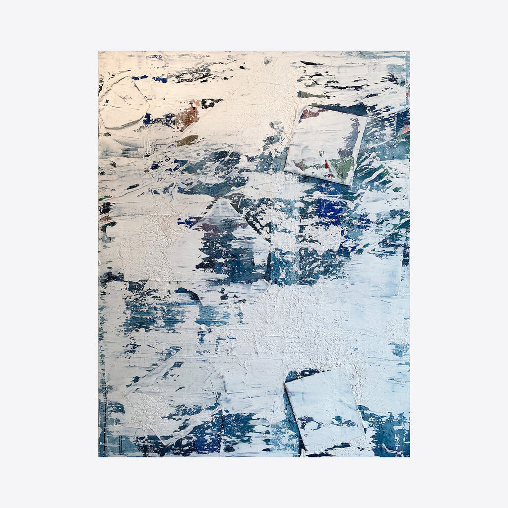 The artwork 'How to rewrite your childhood in five easy steps' by Roger Hsia features an abstract composition with textured layers of white and blue acrylic paint. Dynamic brushstrokes create a weathered, distressed surface, with navy blue undertones emerging through creamy white spaces, suggesting depth and emotional complexity. The 48x36 inch canvas showcases a contemporary, minimalist approach.