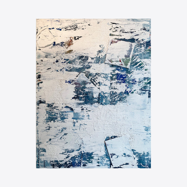 The artwork 'How to rewrite your childhood in five easy steps' by Roger Hsia features an abstract composition with textured layers of white and blue acrylic paint. Dynamic brushstrokes create a weathered, distressed surface, with navy blue undertones emerging through creamy white spaces, suggesting depth and emotional complexity. The 48x36 inch canvas showcases a contemporary, minimalist approach.