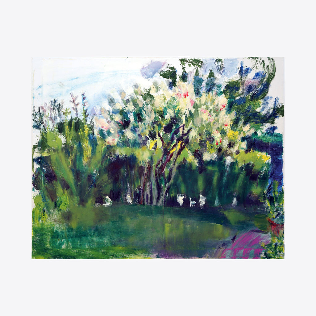 The artwork 'Hydrangea Tree' by Maureen Shea depicts a vibrant garden landscape with lush green foliage and delicate blooms. The oil painting on linen features expressive brushstrokes capturing a verdant tree against a light blue sky, with deep emerald shadows and touches of pink and white florals, creating a dreamy impressionistic garden scene. - by Maureen Shea