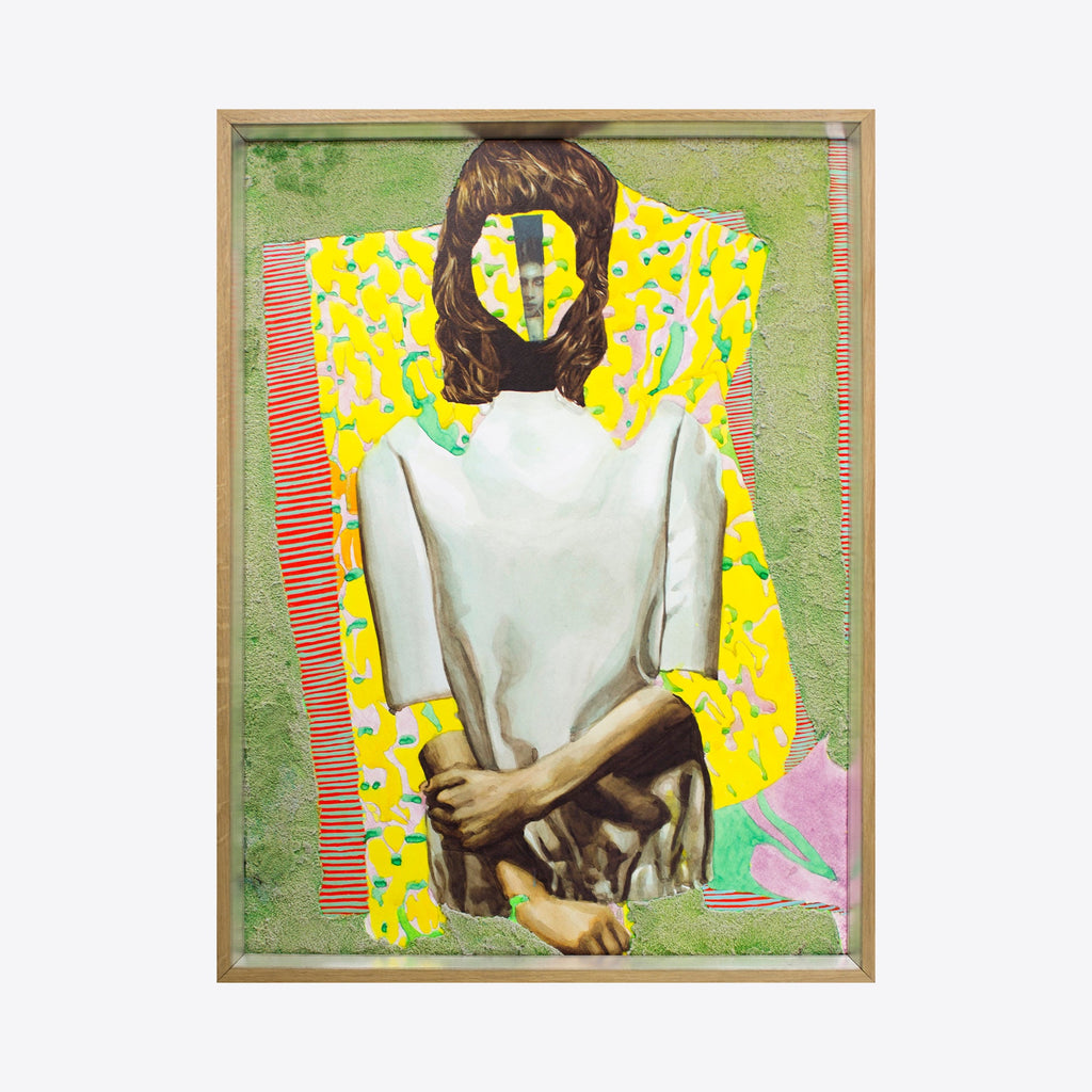 The artwork 'In-Between' by Winnie Sidharta features a figure in a white dress against a vibrant green background, viewed from behind. A yellow floral-patterned fabric frames the composition, with red striped accents. The mixed media piece combines watercolor and print techniques on paper, creating a contemplative mood through contrasting textures and patterns.