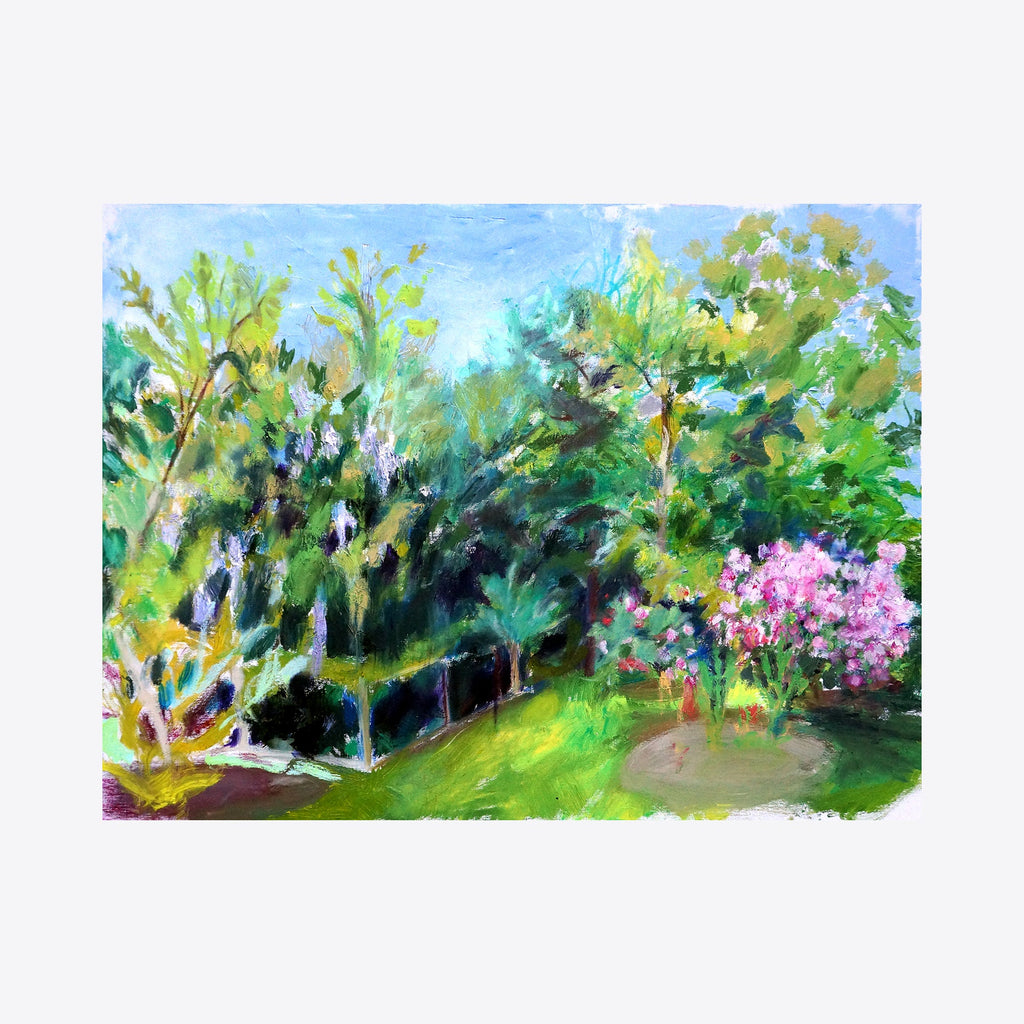 The artwork 'In Between (mock orange)' features a vibrant garden landscape with lush green foliage and flowering trees. Impressionistic brushstrokes capture sunlit trees, pink blossoms, and a serene blue sky. The oil on linen painting showcases dynamic natural forms and dappled light through leaves in a fresh spring palette. By Maureen Shea.