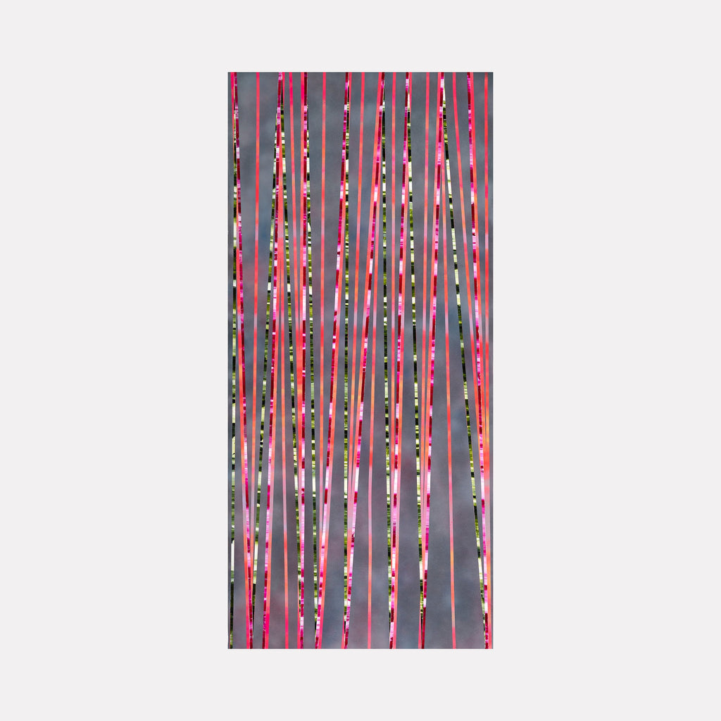 The artwork 'In That Order' by Elyce Abrams features vertical striped patterns in vibrant pink, gray, and teal tones, created with acrylic and spray paint on panel. The linear composition displays rhythmic brushstrokes and dynamic color transitions, creating a contemporary abstract aesthetic with interweaving lines and textural elements.