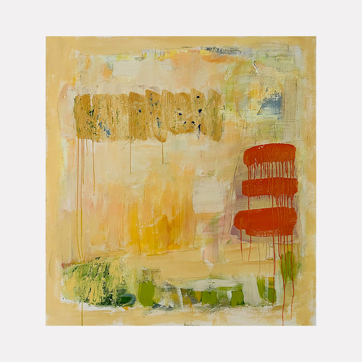 The artwork 'In the Land of Milk and Honey #1' by Petra Nimtz features an abstract composition with dripping paint effects on linen. Warm honey-gold background contrasts with bold orange-red stripes and soft green accents. Textured brushstrokes and layered paint create a contemporary minimalist aesthetic, showcasing expressive oil painting techniques.