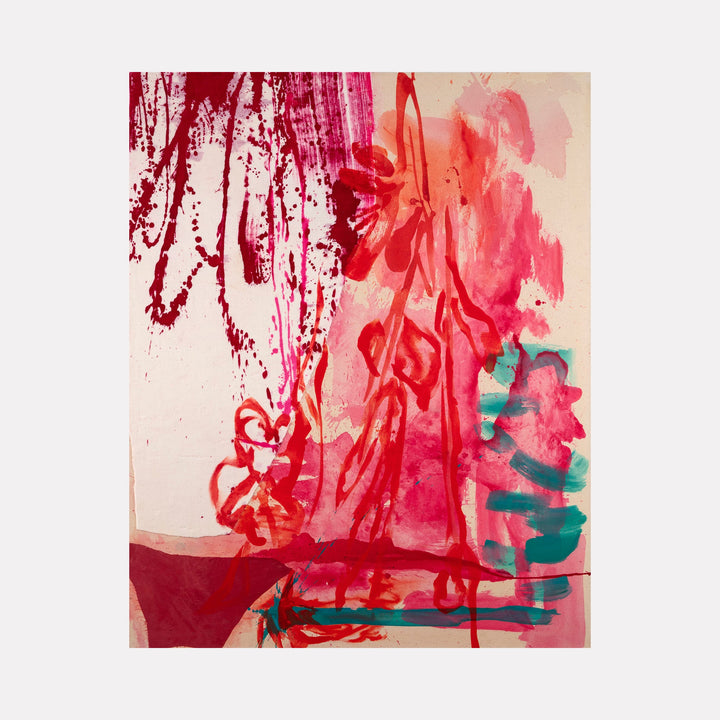 The artwork 'Incarnadine' by Molly Herman features dynamic brushstrokes in vibrant crimson and pink hues, accented with deep teal elements. Abstract floral-like forms cascade downward through a light cream background, creating a sense of fluid movement. The mixed media piece combines acrylic paint with velvet and satin textures, exhibiting an expressive, contemporary abstract style.