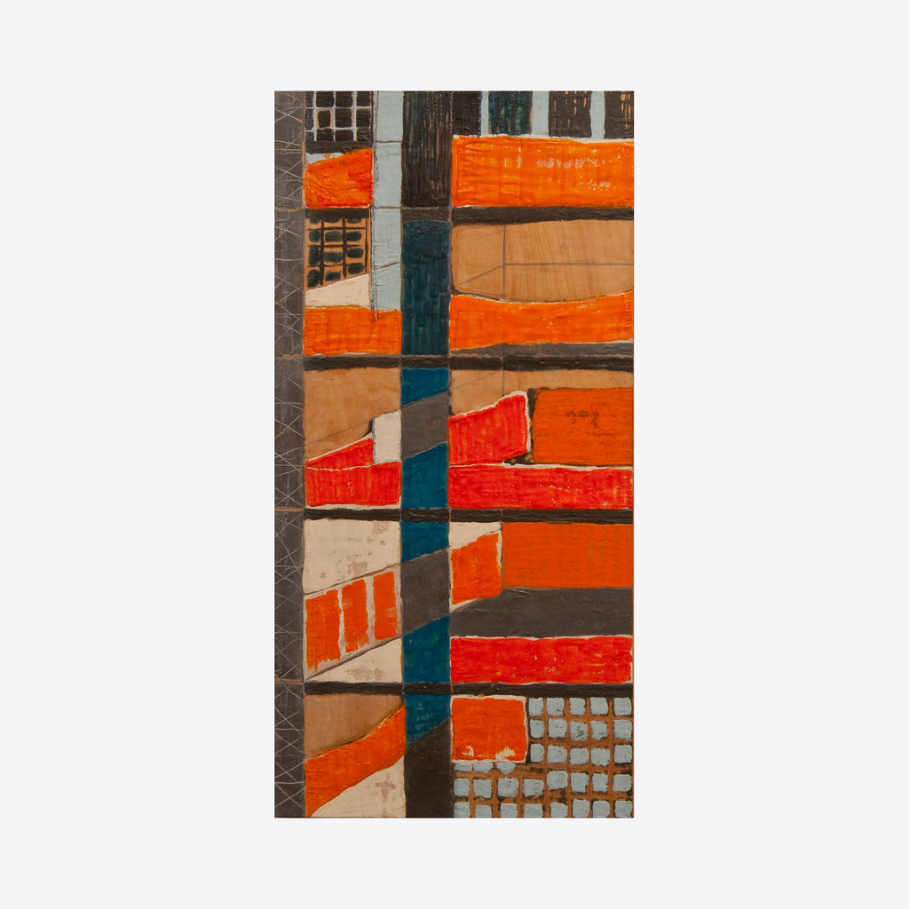 The artwork 'Inside Out' by Cora Jane Glasser features geometric abstract composition with bold orange and red horizontal bands intersecting with vertical teal stripes. Textured encaustic surface creates depth through layered wax and oil, with grid patterns and angular shapes arranged in a modernist style on wood panel. By Cora Jane Glasser.