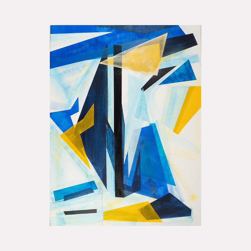 The artwork 'Isosceles Triangle' by Lisa Petker Mintz features bold geometric shapes in a dynamic abstract composition. Sharp angular forms in vibrant royal blue, golden yellow, and deep navy intersect against a soft white background. The acrylic painting showcases crisp lines and contrasting colors creating a sense of movement and depth on canvas.