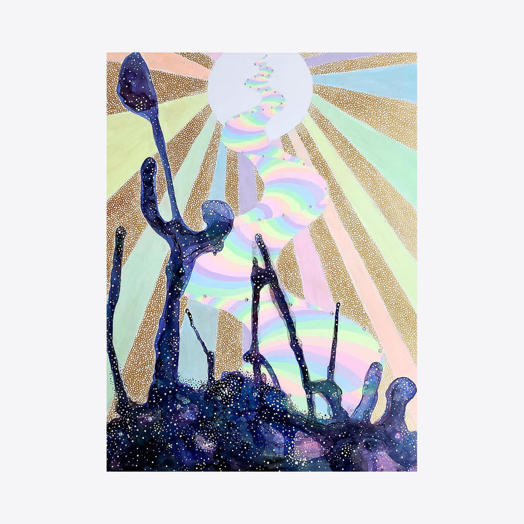 The artwork 'Jacob's Ladder (After William Blake)' features abstract organic shapes in deep cosmic blue with glittering texture rising from the bottom, against a background of radiating golden sunbeams. Rainbow-colored spiral forms float in a white celestial orb, creating a mystical atmosphere. Acrylic on panel by Katie Niewodowski.
