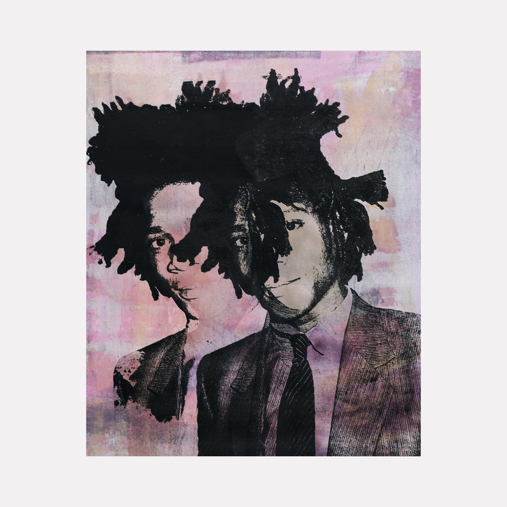 The artwork 'Street Art Is The Way' features a silkscreened portrait silhouette against a pink and lavender background. The composition shows a distinctive profile in black, wearing formal attire, set against textured spray paint effects. Bold contrasts and urban art techniques blend with fine art elements on canvas, creating a contemporary neo-expressionist style. By Rudy Meyer.