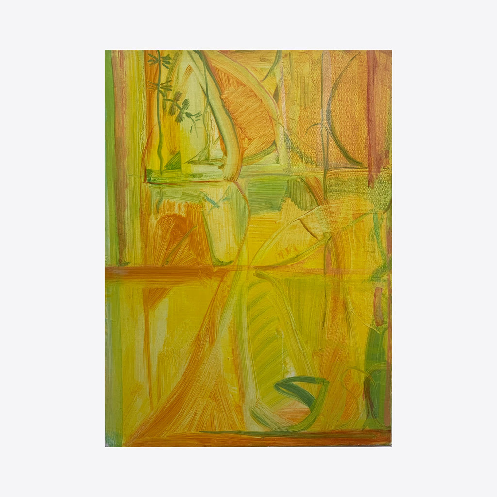 The artwork 'Jennifer's Porch' by Taiss Ghuliani features abstract expressionist brushstrokes in vibrant yellow and orange hues, with subtle green accents. Dynamic vertical and curved lines create a sun-drenched atmosphere, while translucent layers of oil paint suggest depth and movement. The 15x11 inch canvas captures an ethereal, warm composition.