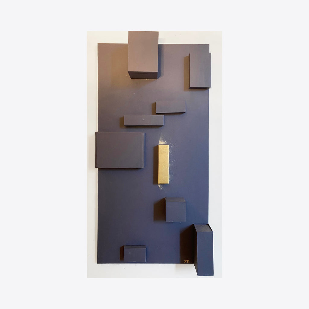 The artwork 'La Scala' features a minimalist assemblage composition with geometric brown blocks arranged in a stair-like pattern against a deep blue-grey background. A singular golden rectangular element provides striking contrast among the darker shapes. The 48x24-inch piece demonstrates depth through shadow play and dimensional mounting by Roger Hsia.