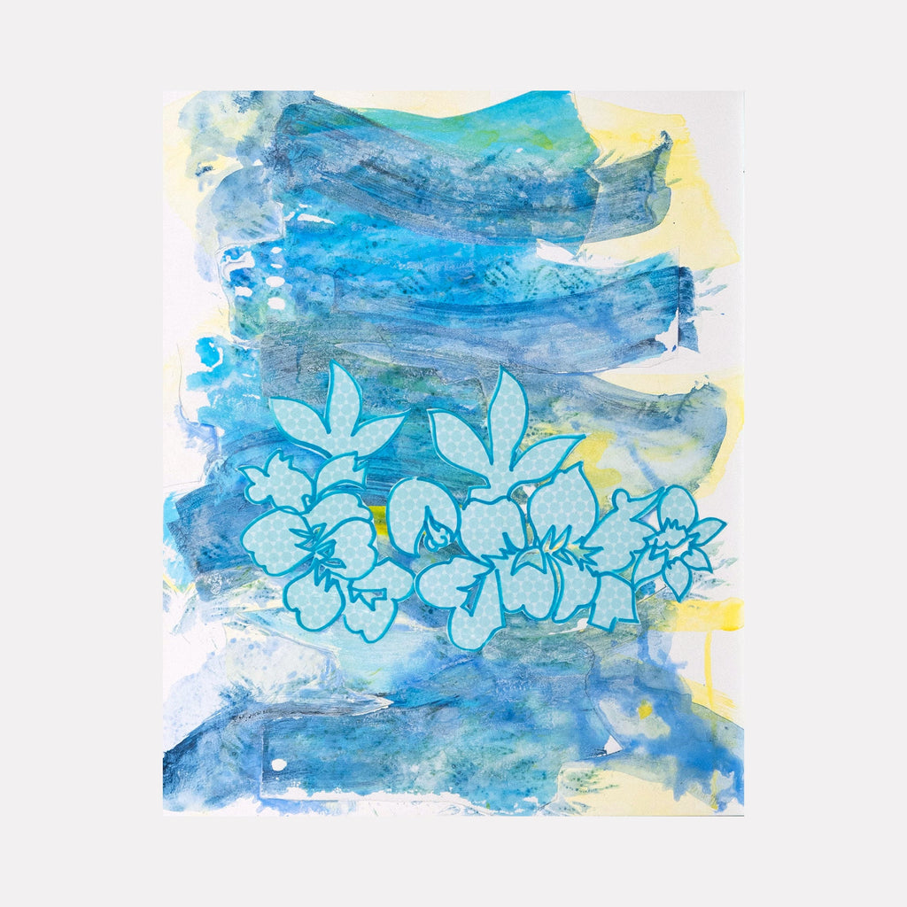 The artwork 'Lani' by Lisa Petker Mintz features delicate blue floral shapes floating against a dreamy watercolor background. Swirling azure and turquoise washes blend with soft yellow highlights, creating an ethereal aquatic atmosphere. The flowers appear as stylized orchids rendered in light blue outlines, arranged horizontally across the acrylic composition on board.