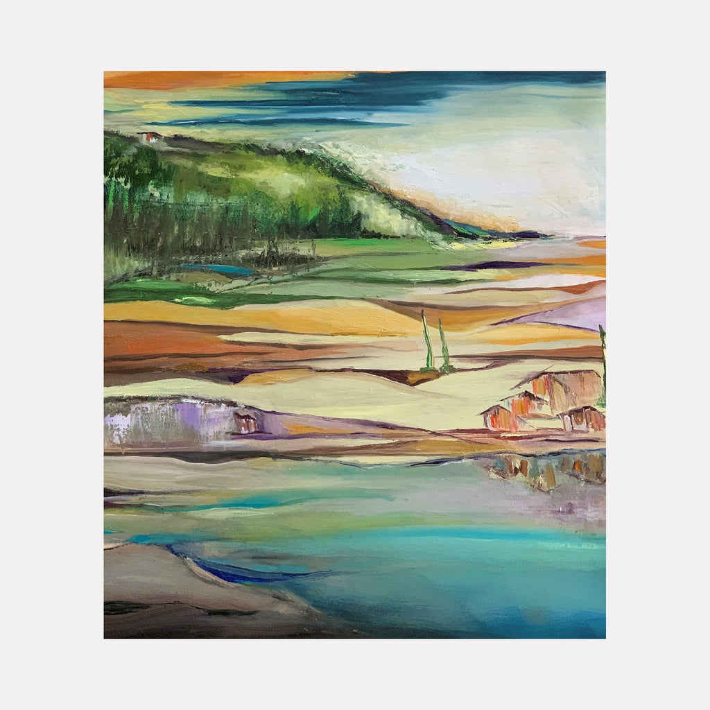 The artwork 'Layered 02' by Rita BasuMallick features an abstract landscape with sweeping horizontal bands of color. Turquoise waters meet sandy shores and rolling green hills, creating a dreamlike coastal scene. Rich earth tones of orange and brown blend with cool blues and soft greens, painted with expressive brushstrokes in oil on canvas. Original artwork by Rita BasuMallick.