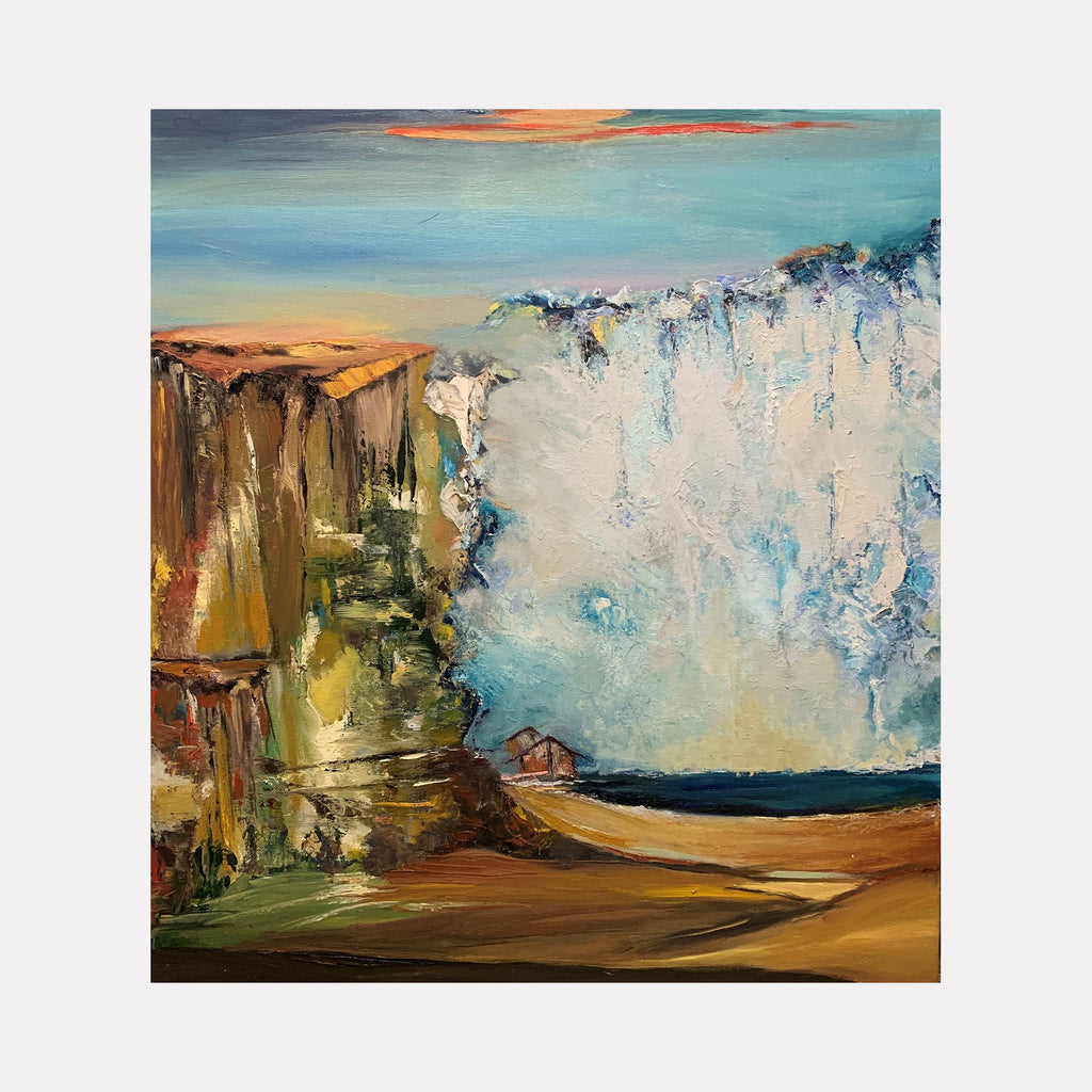 The artwork 'Layered 03' by Rita BasuMallick depicts a dramatic coastal landscape with rugged cliffs in earthy browns and golds meeting a crashing wave of white and turquoise. The textured oil painting captures a dynamic seascape under a sunset-tinged sky, showcasing bold brushstrokes and impasto technique on canvas. By Rita BasuMallick.