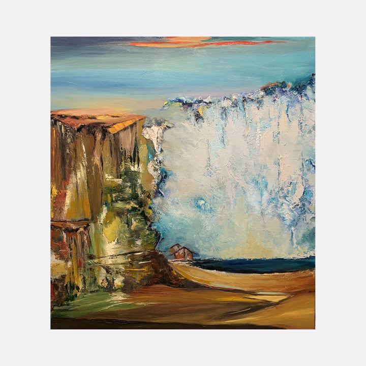 The artwork 'Layered 03' by Rita BasuMallick depicts a dramatic coastal landscape with rugged cliffs in earthy browns and golds meeting a crashing wave of white and turquoise. The textured oil painting captures a dynamic seascape under a sunset-tinged sky, showcasing bold brushstrokes and impasto technique on canvas. By Rita BasuMallick.