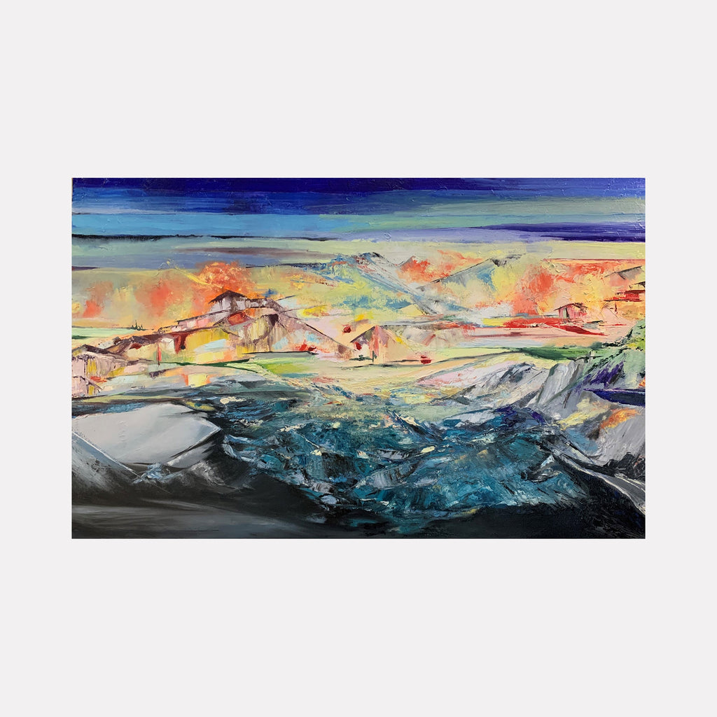 The artwork 'Layered 01' by Rita BasuMallick features a vibrant abstract landscape with dynamic layers of oil paint. Deep turquoise waters meet coral-hued mountains beneath a dramatic royal blue and mint sky. Bold brushstrokes create textural peaks and valleys, while fluid paint transitions suggest a dreamlike mountainous terrain. 36x48 inches oil on canvas by Rita BasuMallick.