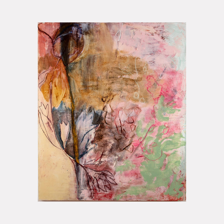 The artwork 'Leeward' by Molly Herman features abstract organic forms in soft pink, brown, and sage green hues. Gestural brushstrokes and delicate line work create a dynamic composition, enhanced by textural elements from sand mixed with paint. The piece showcases a harmonious blend of acrylic and oil techniques with ethereal transitions between colors on canvas. - Molly Herman