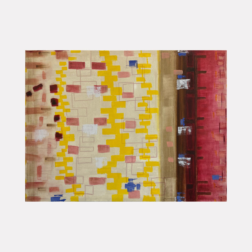 The artwork 'Light A Candle-5' by Cora Jane Glasser features geometric patterns with vibrant yellow zigzag lines against a cream background, accented with burgundy squares and scattered blue elements. Abstract oil painting on linen showcasing a modern minimalist style with vertical composition and textural brushwork. 30x40 inches by Cora Jane Glasser.