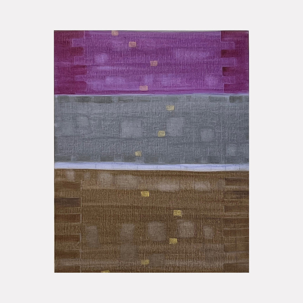 The artwork 'Light A Candle-9' by Cora Jane Glasser features three horizontal bands in purple, gray, and brown tones with subtle golden squares scattered throughout. The oil on linen painting showcases a minimalist composition with textured brushwork and soft color transitions, creating a serene abstract landscape effect. Original dimensions 20x16 inches by Cora Jane Glasser.