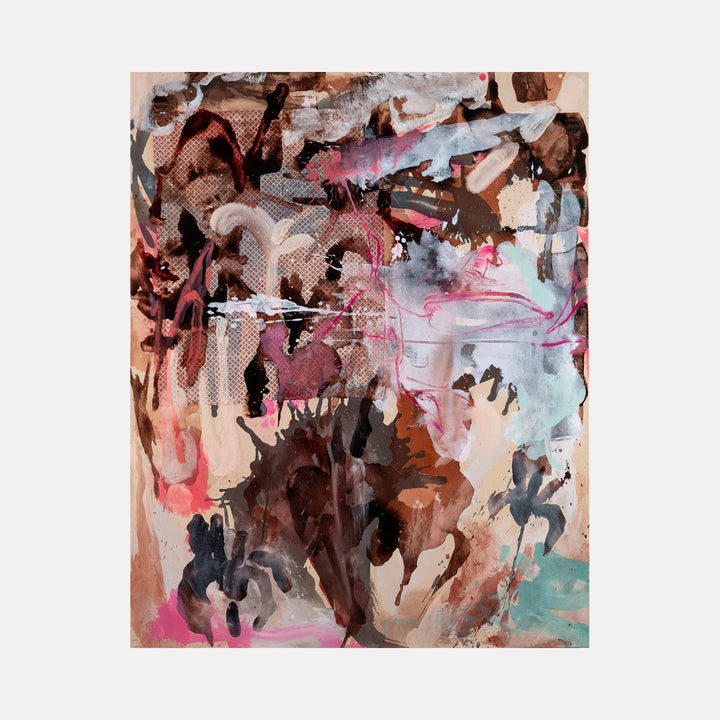 The artwork 'Loamy Poem' by Molly Herman features abstract expressionist brushstrokes in earth tones, pink, and turquoise. Dynamic splashes and gestural marks create a layered composition, combining acrylic paint with block print collage elements. The piece evokes organic forms through its fluid movement and textural contrasts across the 50x40 inch canvas.