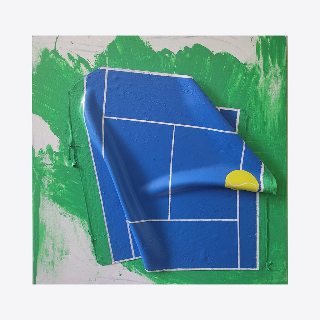 The artwork 'Love-15' by Roger Hsia features an abstract tennis court rendered in vibrant cobalt blue against a textured green background. The court lines are depicted in crisp white, creating geometric patterns, with a small yellow tennis ball detail. The acrylic painting presents a unique perspective, with the court appearing folded or distorted, creating a contemporary, minimalist interpretation.