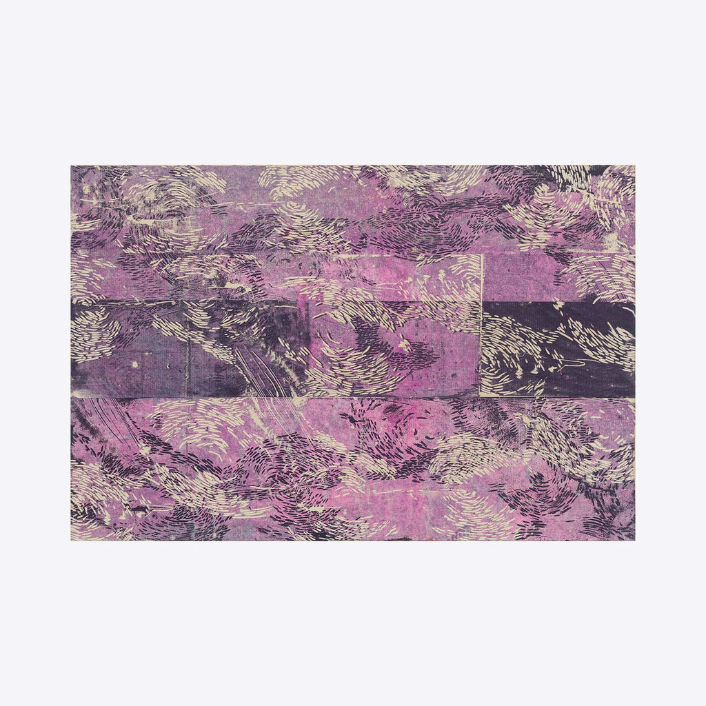 The artwork 'Many Moons' by Emna Zghal features a mesmerizing woodcut print depicting abstract lunar phases in rich purple and lavender hues. Ethereal swirling patterns create a dreamy, celestial landscape across multiple horizontal bands, with delicate beige textures resembling cosmic clouds. Mounted on canvas, this 24x36 inch piece combines traditional printmaking with contemporary abstract expression. By Emna Zghal.