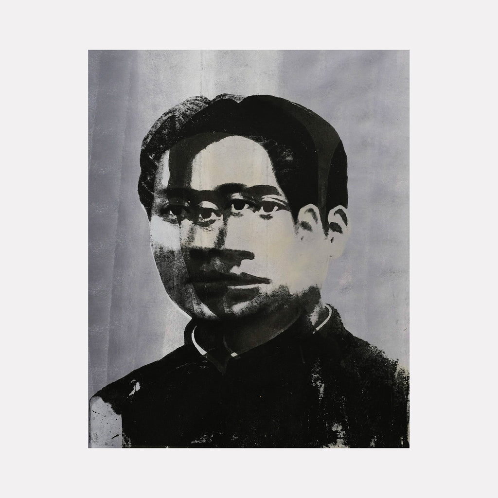The artwork 'Revolution Is The Way' features a striking black and white portrait created through silkscreen printing technique. Bold contrasts and layered effects characteristic of pop art style, executed in spray paint and acrylic on canvas. Dramatic monochromatic composition with subtle gray tones against a textured background. By Rudy Meyer.