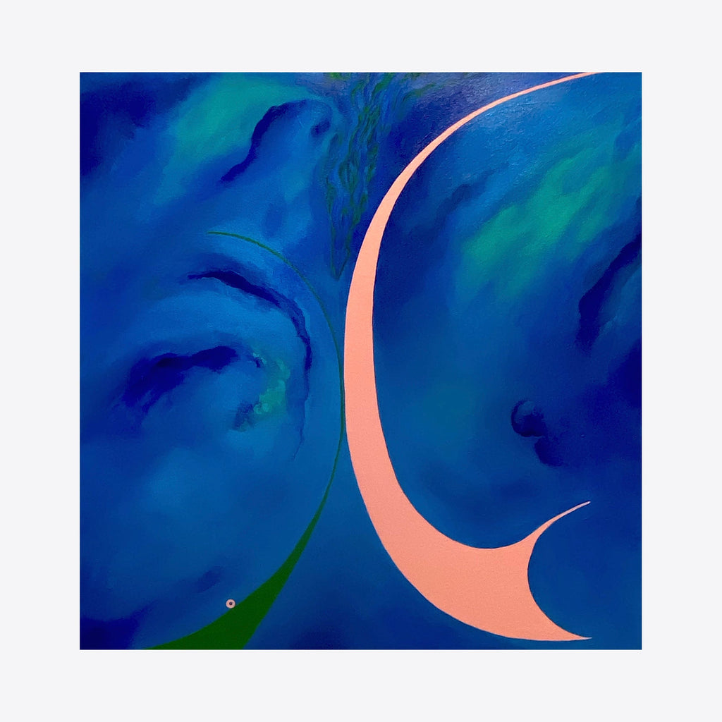 The artwork 'Meet Me Where I Am' features a striking coral-pink crescent shape floating against a deep ocean blue background, accented with swirling emerald green elements. The abstract composition creates a dreamlike atmosphere through fluid brushstrokes and bold color contrasts on acrylic canvas by Jacki Davis.