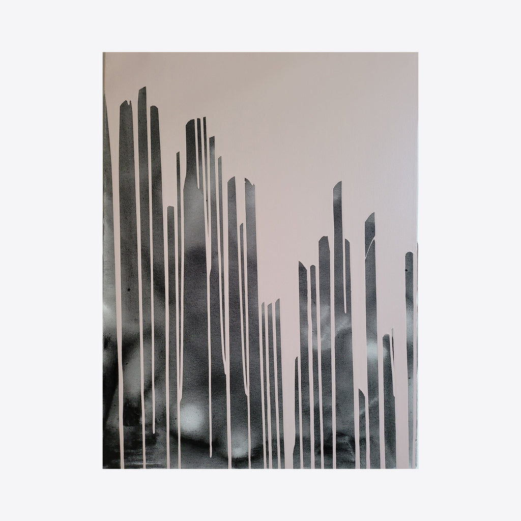 The artwork 'Metropolis' by Roger Hsia features vertical monochromatic lines rising like modern skyscrapers against a misty gray background. The acrylic painting creates an abstract urban landscape with sleek, elongated forms in varying heights, suggesting a minimalist cityscape. Dark charcoal tones blend with lighter silvery streaks, creating depth and atmospheric perspective.