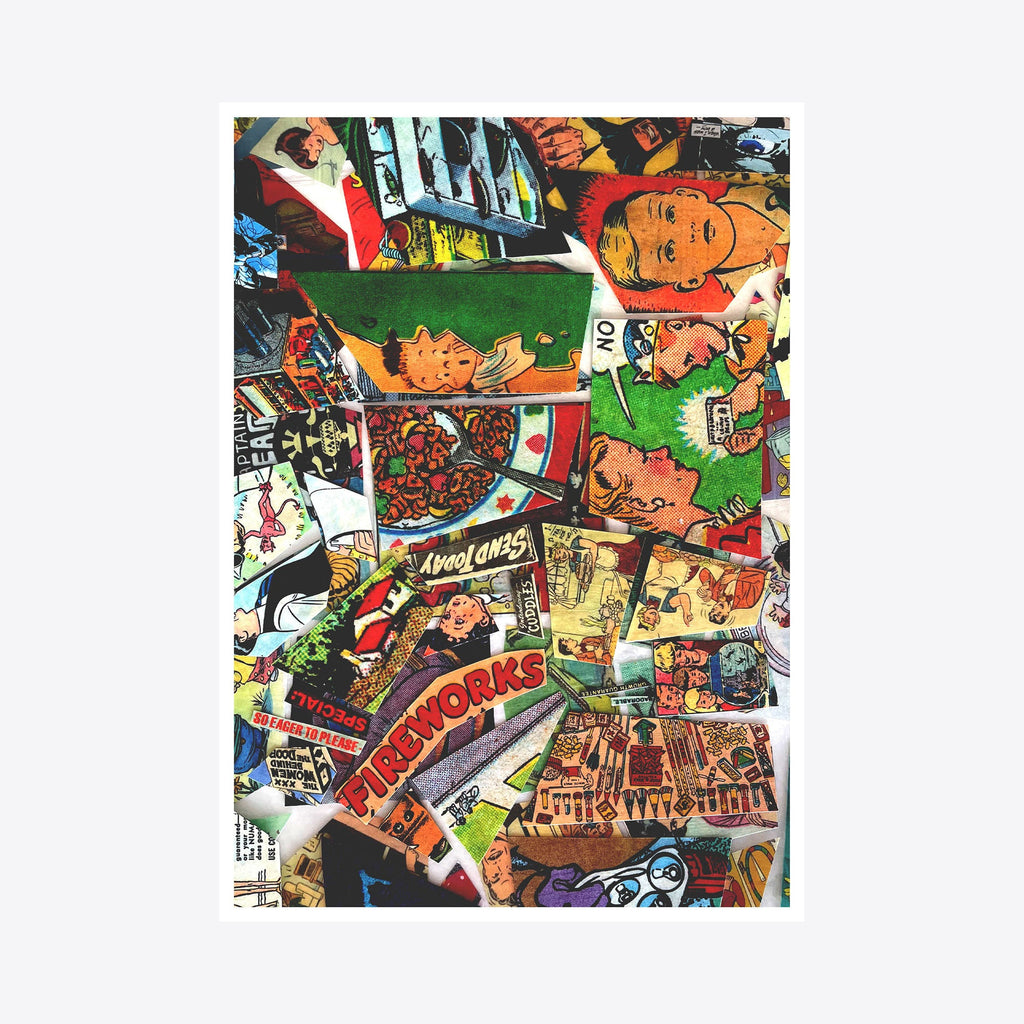 The artwork 'Micrograph 1' by Travis Witmer features a vibrant collage of vintage comic book illustrations layered in a dynamic composition. Bold colors of green, red, and blue dominate the piece, with scattered text elements and cartoon-style artwork creating a nostalgic pop art aesthetic. A 5x7 digital print that captures the energy of retro comic culture.