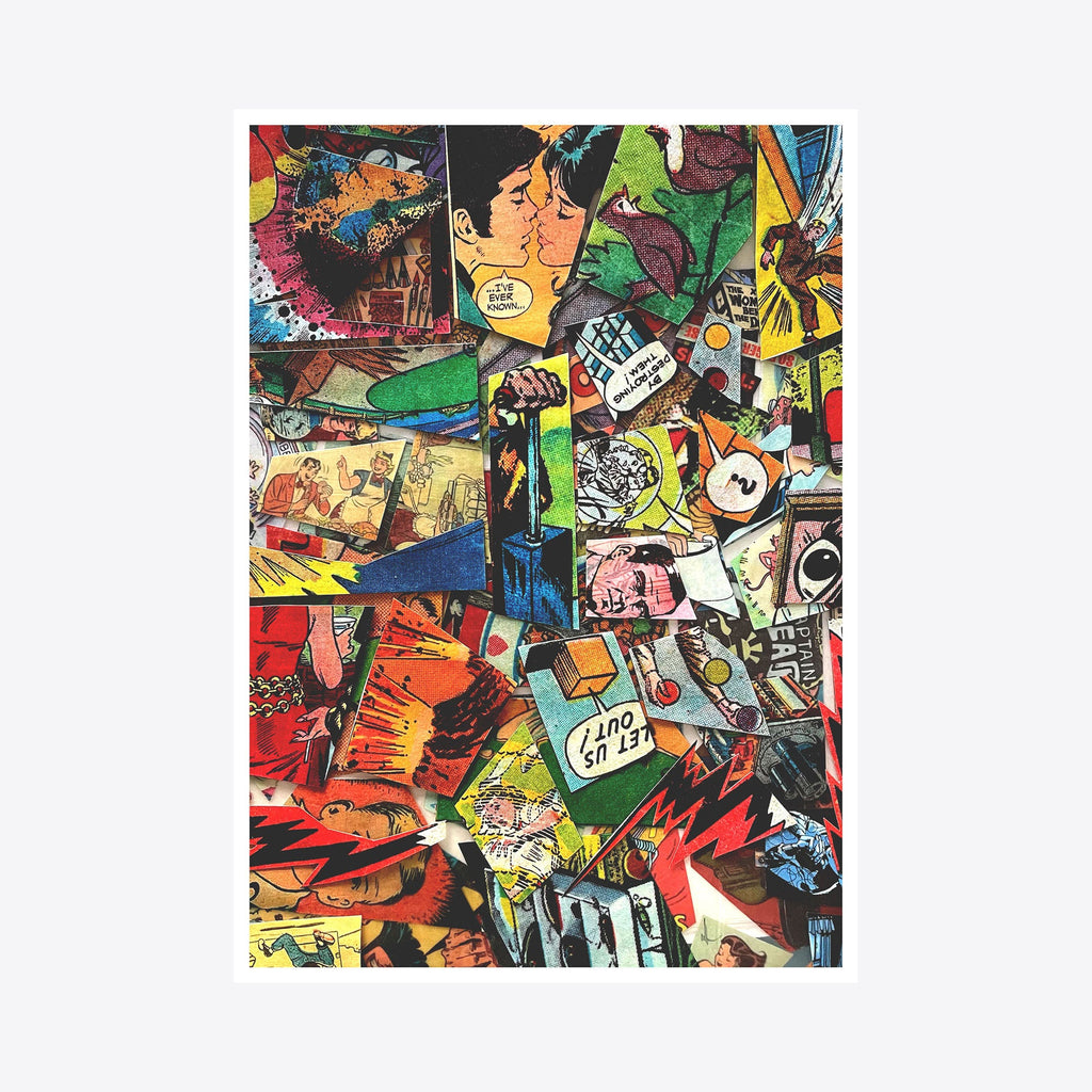 The artwork 'Micrograph 2' by Travis Witmer features a vibrant collage of comic book style illustrations, combining dynamic panels with bold colors including reds, greens, and blues. Abstract shapes and text bubbles create a chaotic yet cohesive composition, showcasing a pop art aesthetic with overlapping graphic elements and cartoon-inspired imagery. Digital print by Travis Witmer.