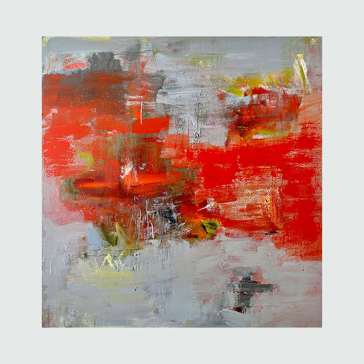 The artwork 'Money Talks, but Love is for Real' by Petra Nimtz features bold abstract expressionism with dynamic red brushstrokes against a misty gray background. Textured oil paint on linen creates layers of vibrant scarlet, subtle yellows, and weathered grays, with gestural marks suggesting emotional intensity and movement across the 45x49 inch canvas.