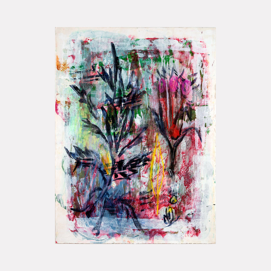 The artwork 'Mugwort Heart' by Molly Herman features abstract botanical forms in dark silhouettes against a vibrant, expressionistic background. Energetic brushstrokes blend mint green, magenta, and turquoise hues, while black gestural lines suggest wild herbs and foliage. Created with waterbased pigment on BFK Rives paper, the piece captures organic movement through spontaneous mark-making.