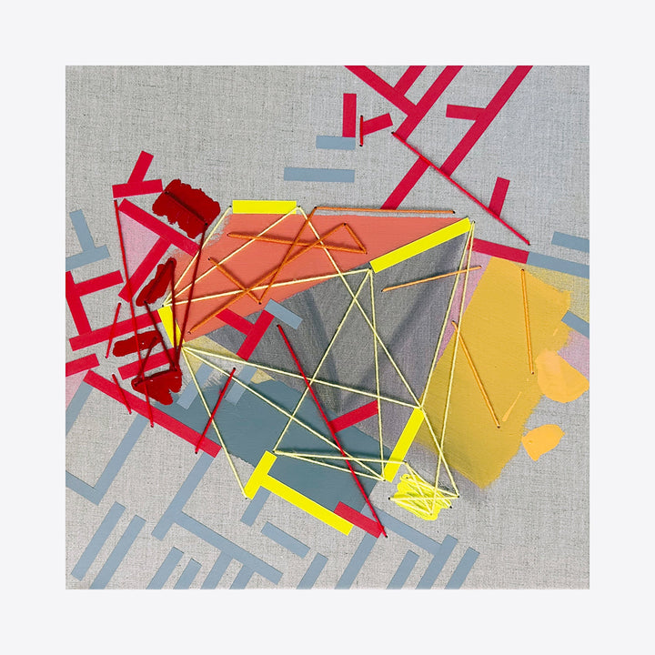 The artwork 'Neespolll Plaas' by Philippe Halaburda features abstract geometric composition with intersecting yellow yarn lines over angular shapes in coral pink, slate gray, and golden yellow. Bold red geometric elements scatter across a light gray canvas background, with pale blue linear patterns. Mixed media artwork combining acrylic paint, tape, and yarn on canvas, by Philippe Halaburda.