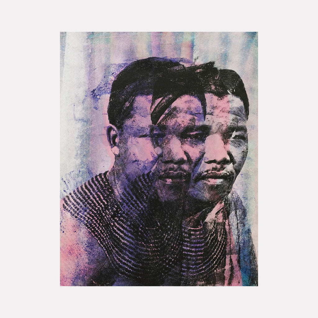 The artwork 'Perseverance Is The Way' presents a portrait in silkscreen style, featuring overlapping images in shades of black, purple, and pink against a dreamy watercolor background. The composition shows three overlaid poses, creating a dynamic triple-exposure effect. The piece incorporates spray paint textures and hand-pulled silkscreen techniques on canvas by Rudy Meyer.