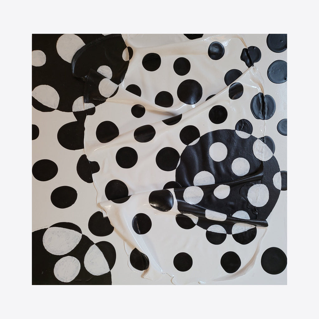 The artwork 'Night&Day' by Roger Hsia features a bold monochromatic composition with contrasting black and white polka dot patterns. The 30x30 inch acrylic painting creates a dynamic visual rhythm through overlapping circular motifs, with areas of negative and positive space flowing in an abstract, organic arrangement that suggests movement and duality.