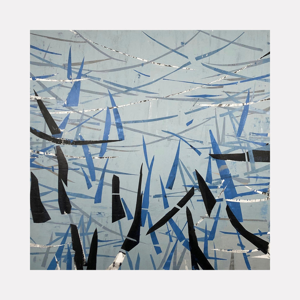 The artwork 'Northeast' by Shira Toren features an abstract composition of intersecting blue and black geometric shapes against a pale gray background, creating a dynamic pattern reminiscent of bamboo or reeds. The Venetian plaster and acrylic on canvas technique adds textural depth and movement through layered brushstrokes.