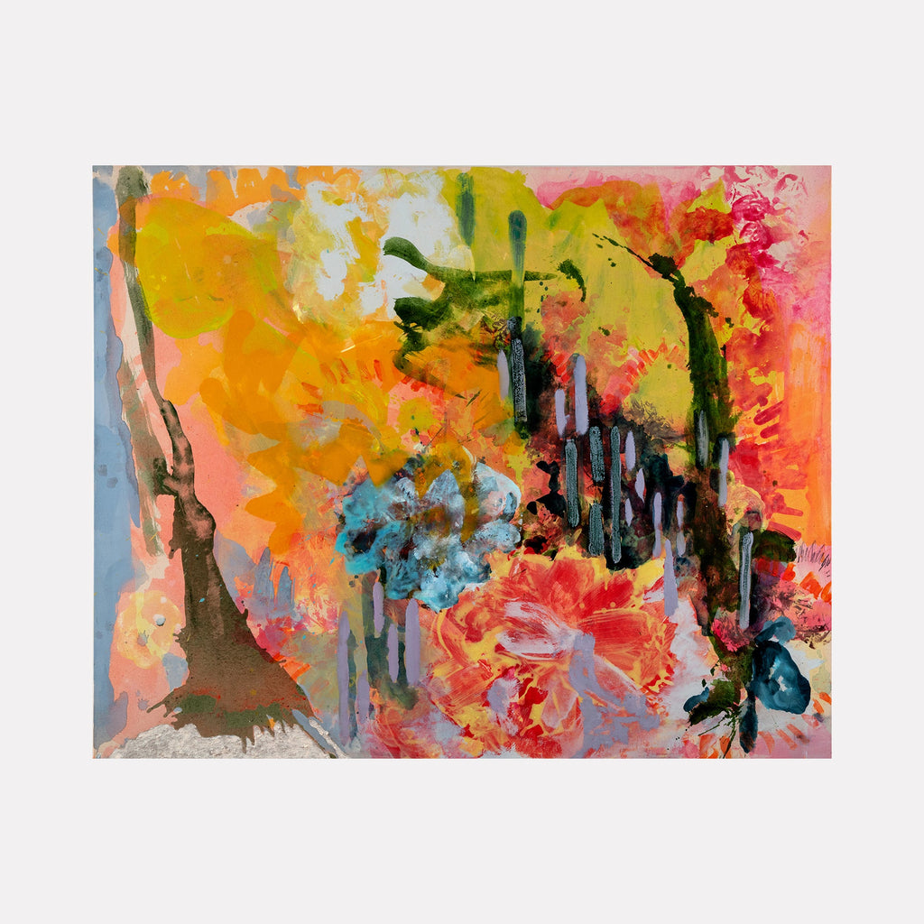 The artwork 'Oh Darlin' by Molly Herman features vibrant abstract expressionism with explosive bursts of orange, pink, and turquoise. Textural elements of sand blend with dripping paint techniques, creating dynamic movement across the canvas. Bold green accents and earthy browns complement the energetic composition, showcasing a masterful mix of acrylic and oil mediums.