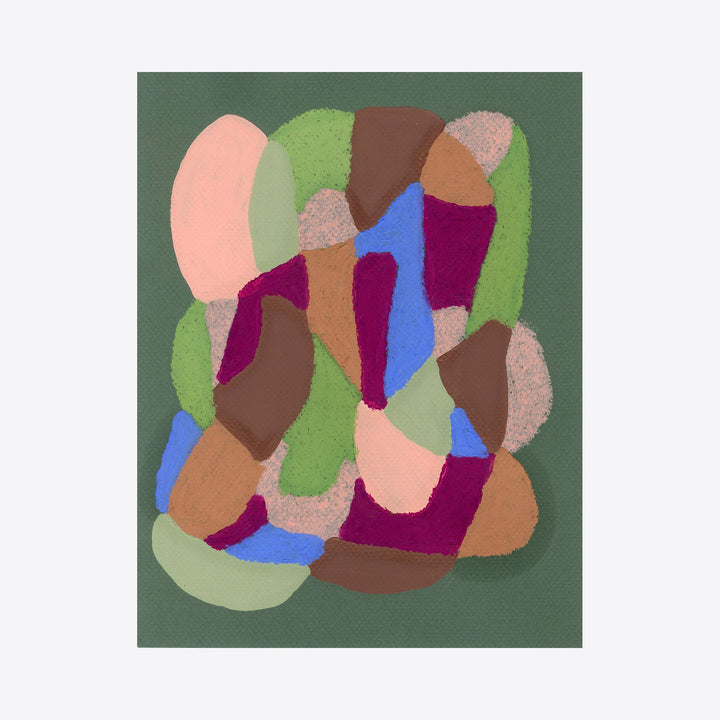 The artwork 'On Sage' by Alicia Little features abstract organic shapes in vibrant colors including peach, sage green, deep purple, and sky blue against a dark green background. The oil pastel and gouache create a textured, layered composition with curved forms that interlock and overlap, suggesting a harmonious yet dynamic movement. Artwork by Alicia Little.