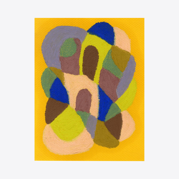 The artwork 'On Yellow' by Alicia Little features an abstract composition of organic shapes in vibrant oil pastel on paper. Curved forms in royal blue, olive green, peach, gray, and brown float against a bright yellow background, creating a dynamic interplay of colors and soft-edged geometric patterns. The textural quality of oil pastel adds depth and warmth to this 8.5x11 inch piece by Alicia Little.