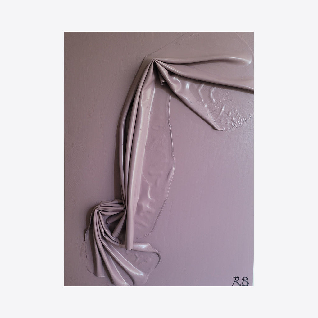 The artwork 'Opening Act' by Roger Hsia features elegant fabric-like folds in soft lavender and mauve tones, creating a dynamic sculptural relief effect. The acrylic medium captures light and shadow across draped forms, suggesting movement and theatrical curtains. The monochromatic composition achieves depth through textural variations and subtle gradients. Roger Hsia.