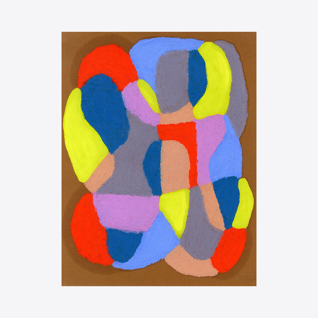 The artwork 'Orange, Blue, Green on Brown' by Alicia Little features an abstract composition of interlocking curved shapes in vibrant orange, royal blue, and neon green against a rich brown background. The oil pastel creates soft, organic forms that flow together, with additional accents of lavender and peach tones creating depth and movement in the 8.5x11 inch piece.